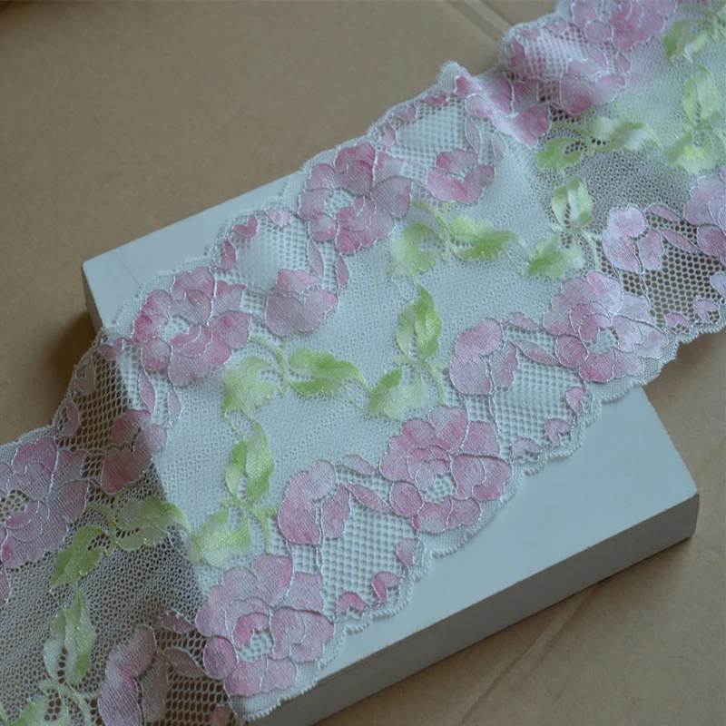 2-10Yds 17cm Wide White Mesh Fluorescence Pink Flower Green Leaf Damask Stretch Trim Elastic Lace Underwear Fabric Doll Costum