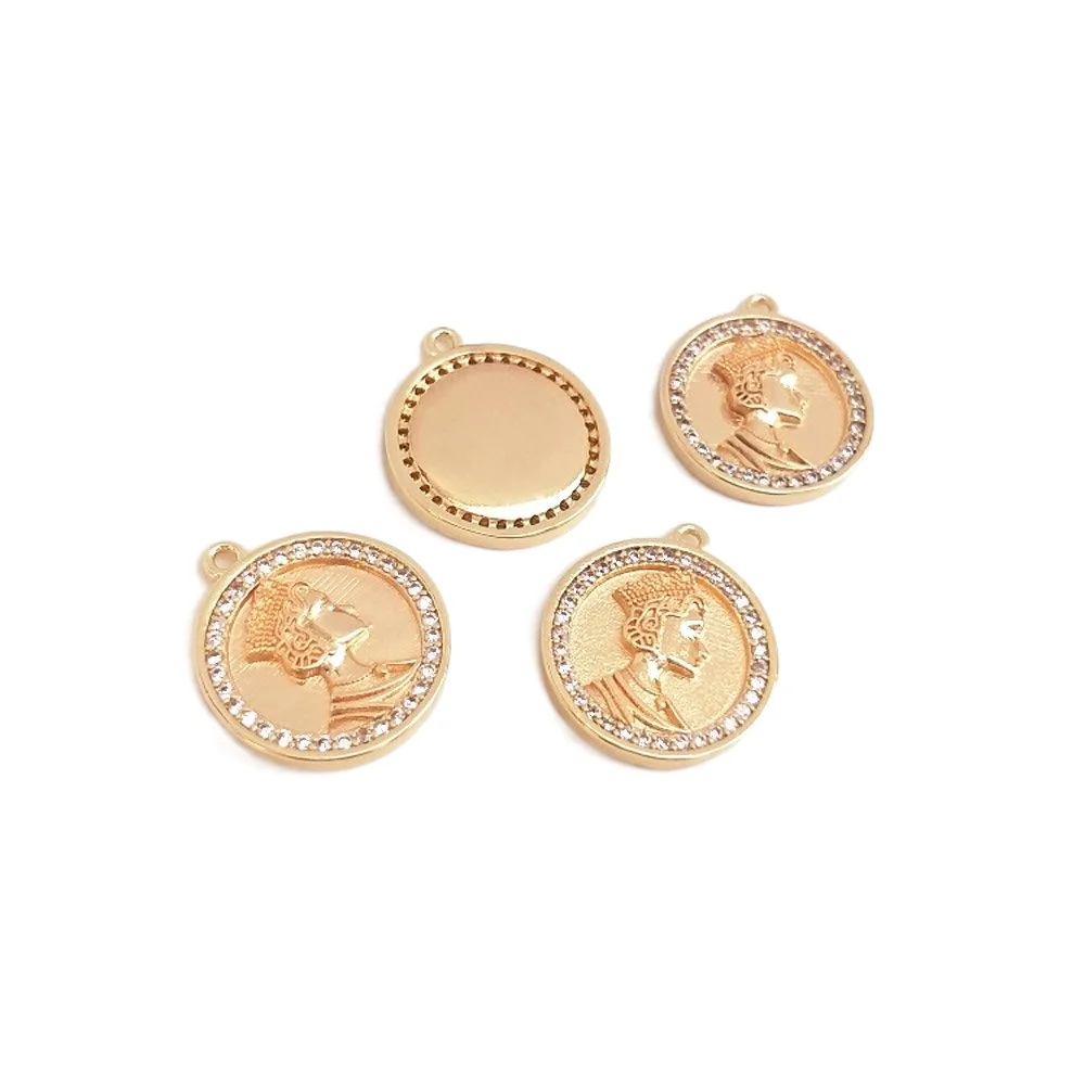 2PCS Queen's Head Coin Necklace Pendant Superior Quality for Jewelry Findings Making 14k Gold Plated Zircon DIY Made Accessories