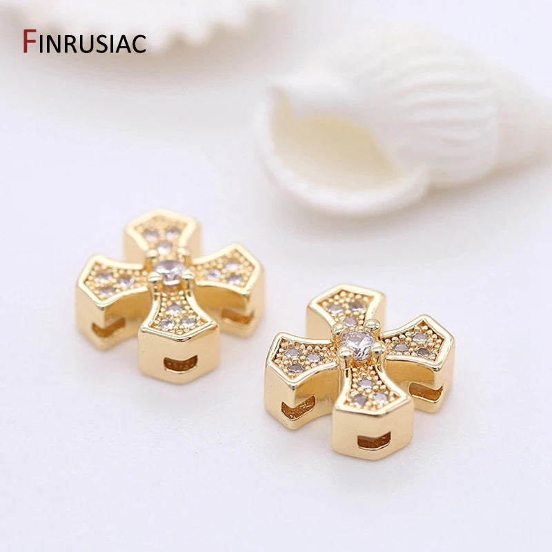 عالية الجودة النحاس معدن إدراج الزركون حجر الراين 14K مطلية بالذهب الصليب الخرز اكسسوارات DIY بها بنفسك صنع المجوهرات #3