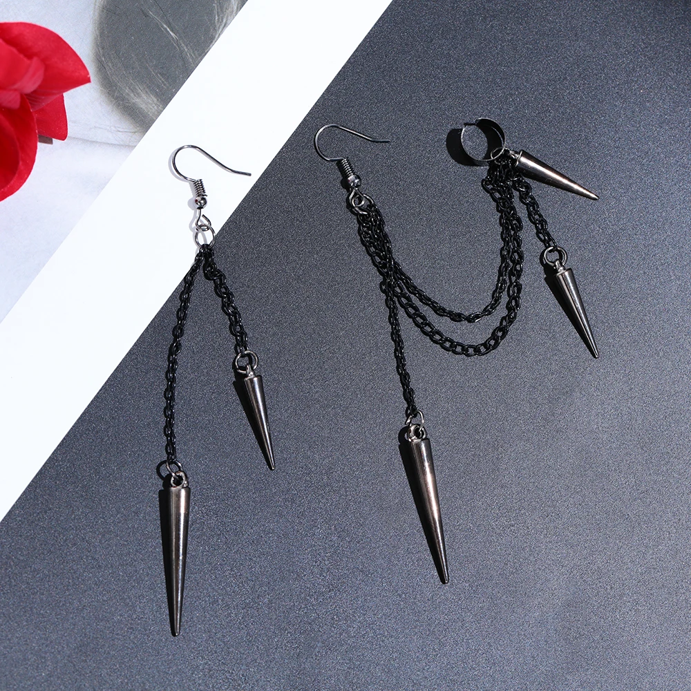 1Pair Men Retro  Black Tassel Chain Long Earrings Punk Earrings Hiphop Rivet Earrings For Women Gothic Party Jewelry Pendientes