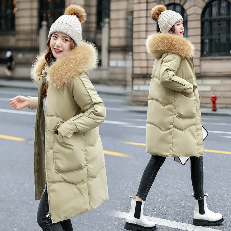 

Parker Women Winter Down Cotton Jacket 2021 New Fashion Fur Collar Hooded Long Coat Pocket Zipper Thick Warm Winter Coat Female