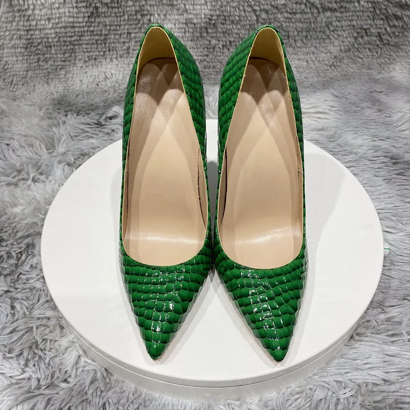 Tikicup Green Crocodile Effect Women Sexy Pointy Toe High Heel Party Dress Shoes 8cm 10cm 12cm Slip On Stilettos Pumps Plus Size