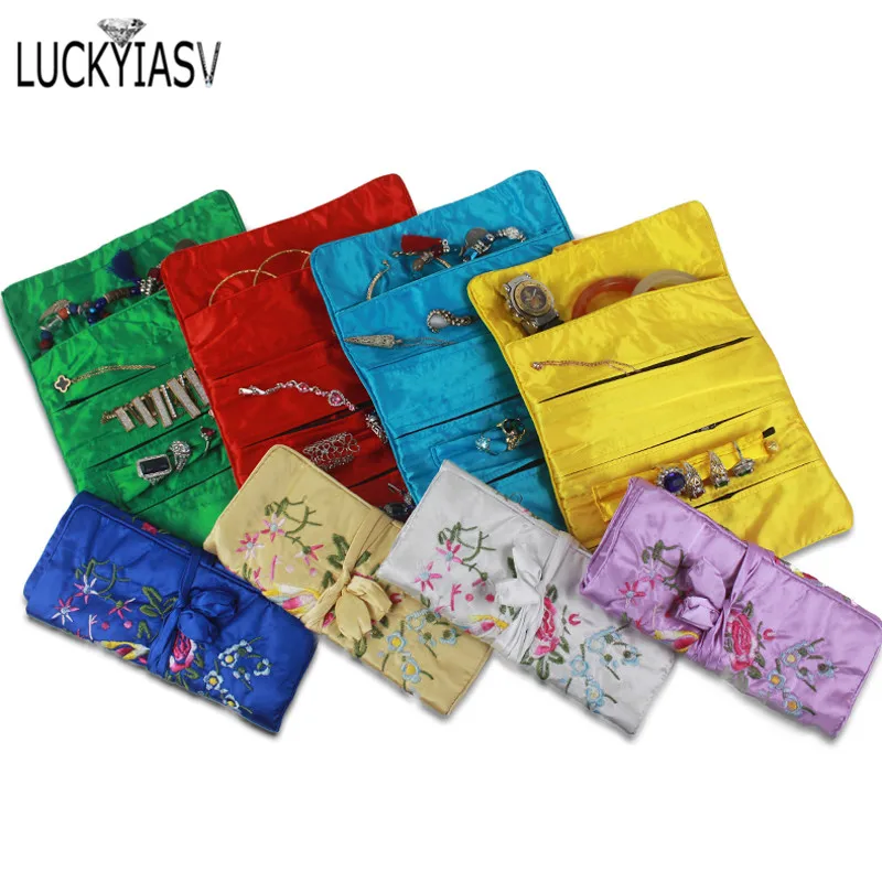 Embroidered Jewelry Storage Bag Chinese Wind Silk Jewelry Organizer Travel Pouches Ring Necklace Zipper Embroidery Bird Roll Bag