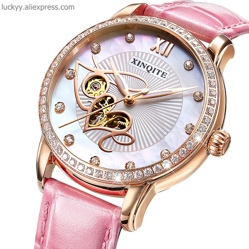 Mechanical watch for woman sapphire crystal love pearl dial with diamond case automatic lady watch colorful leather strap A218