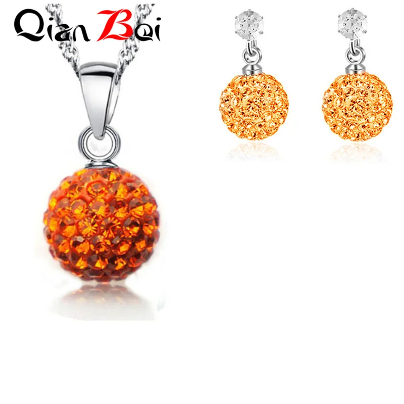 QianBei Hot Sale 13 Color 10MM Pendant Necklace Earrings Ball Crystal Earring Necklace Set For Women Fashion Jewelry Gifts