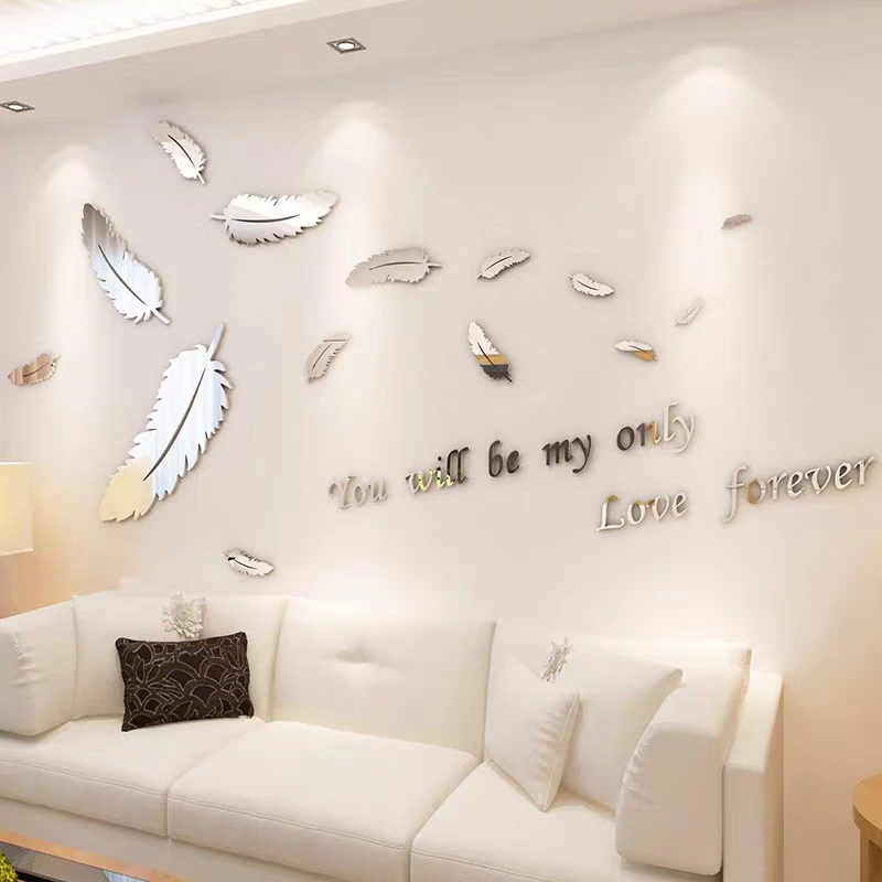 

Beautiful Feather Crystal Mirror Wall Stickers Entranceway Hotel Window DIY Art Wall Decor Stickers Sofa TV Wall 3D Stickers