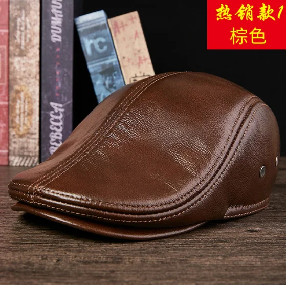 Man Flat Caps Men Real Leather Duckbill Hats Berets Earflaps Black Casual Directors Cap Male Vintage Winter Driving Caps Brown