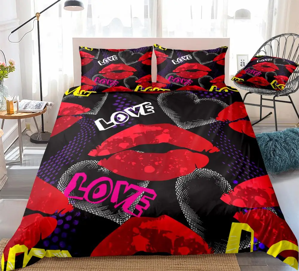 3pcs Red Lips Kiss Duvet Cover Set Hearts Bedding Geometric Bed Set Fashion Style Bedding Abstract Quilt Cover Queen Dropship