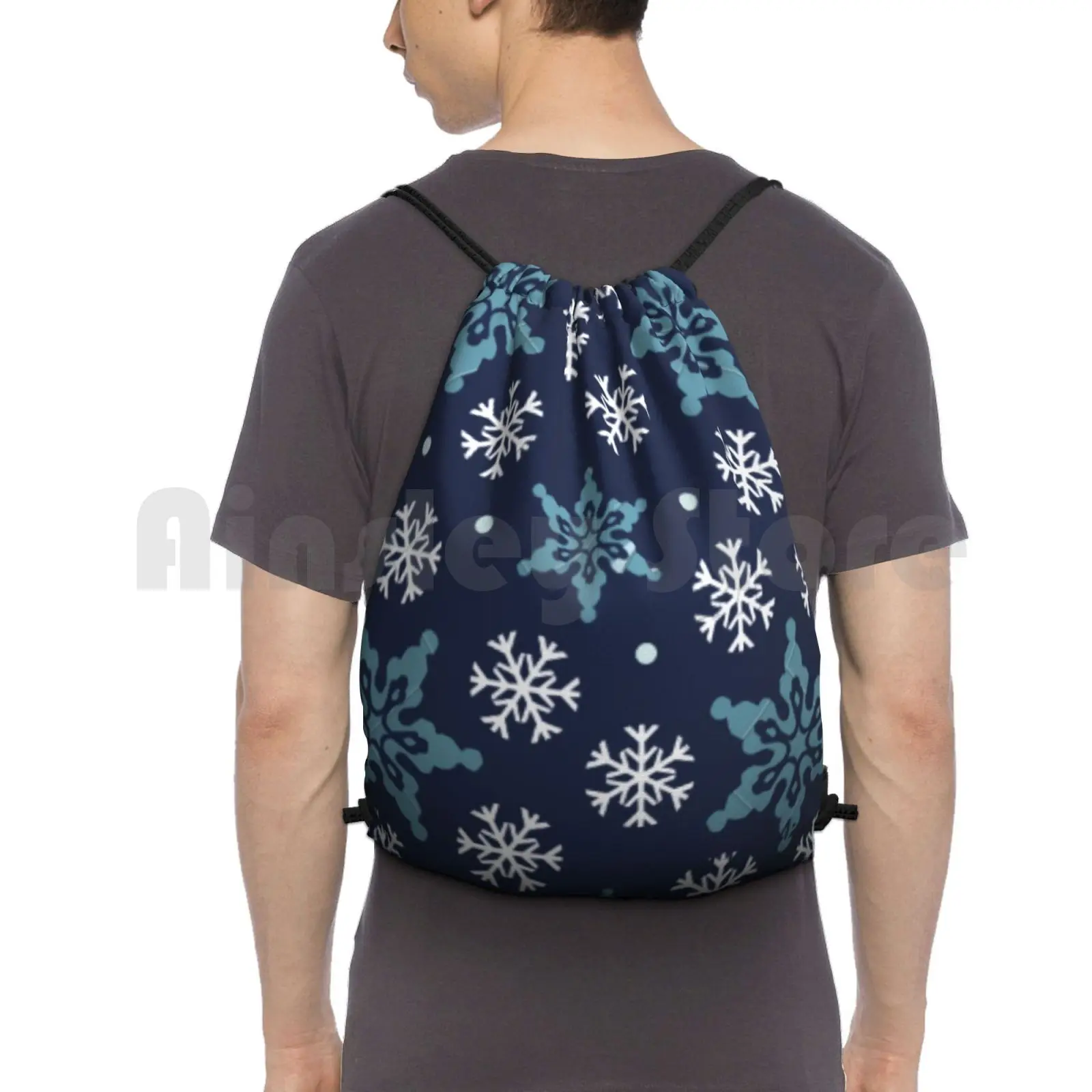 

Snow Flakes Backpack Drawstring Bag Riding Climbing Gym Bag Christmas Snow Flakes Snowman December 25 Blue White Eve