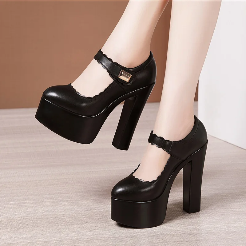 Genuine Leather Women Shoes Square High Heels Women Platform Pumps Spring Shallow Mouth Office High Heels Girls' Leather Shoes
