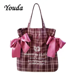 Youda Plaid Women Simple Shoulder Bag Soft Cloth Fabric Handbag Large Capacity Cotton Tote Bow Canvas Bags For Pretty Young Girl