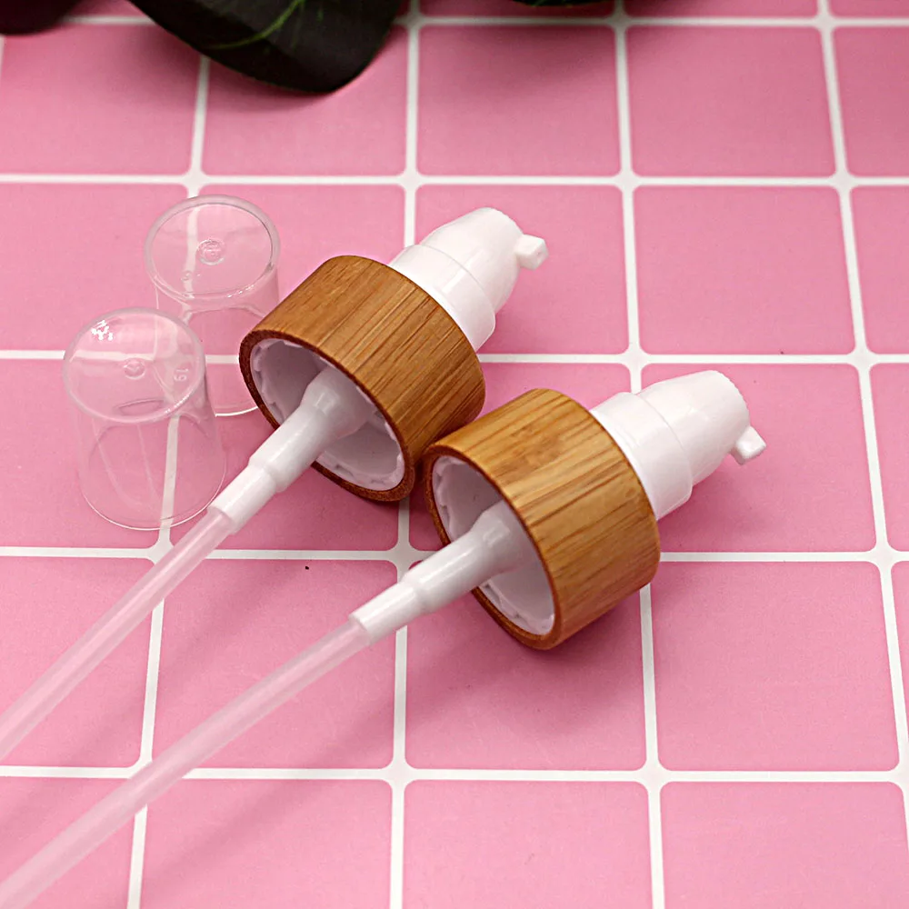 Eco Friendly Spray Emulsion Pump Bamboo Cover 20/24 Caliber Cosmetic PET Plastic Glass Bottle Cap Lid