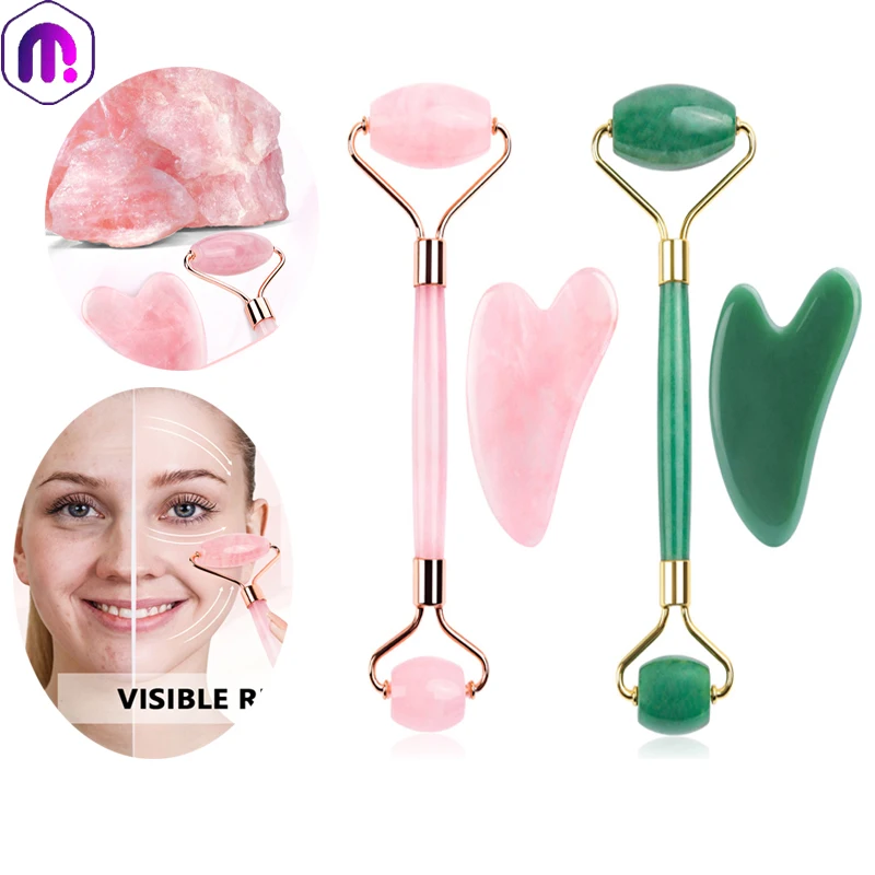 

Natural Rose Quartz Jade Roller Gua Sha Set Facial Body Massager Roller Jade Stone Massage Set Face Lifting Beauty Massage Tool