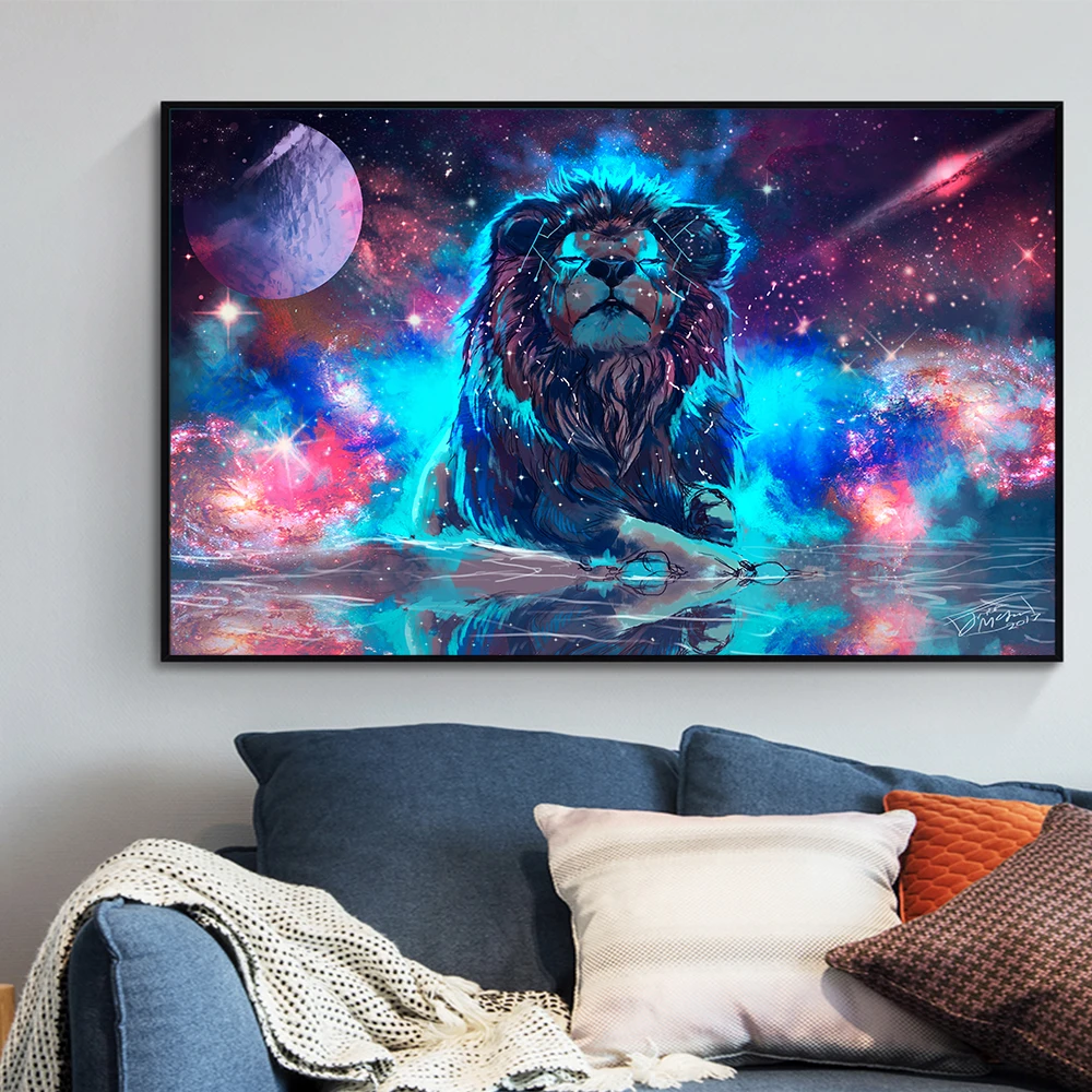 DDHH Big Size Colored Planet Glowing Lion Canvas Painting Modern Animal Picture Art Wall Art Poster for Living Room