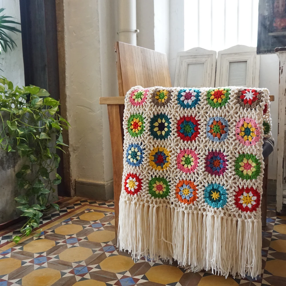 Handmade mixcolour Granny square Crochet Tassels blanket Afghan sofa Throw  with tassels cushion felt pastoral style