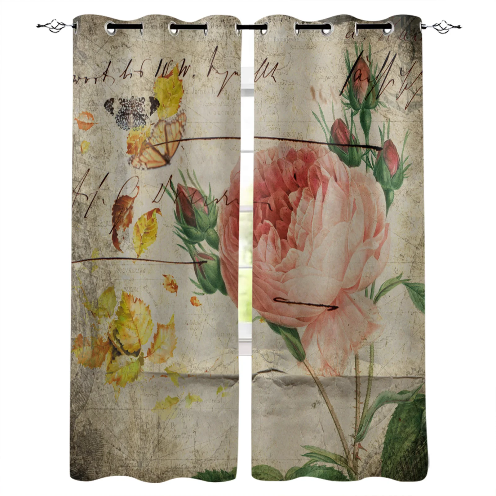 

Rose Butterfly Retro Blackout Curtains For Living Room Bedroom Printed Window Treatment Drapes Home Decor