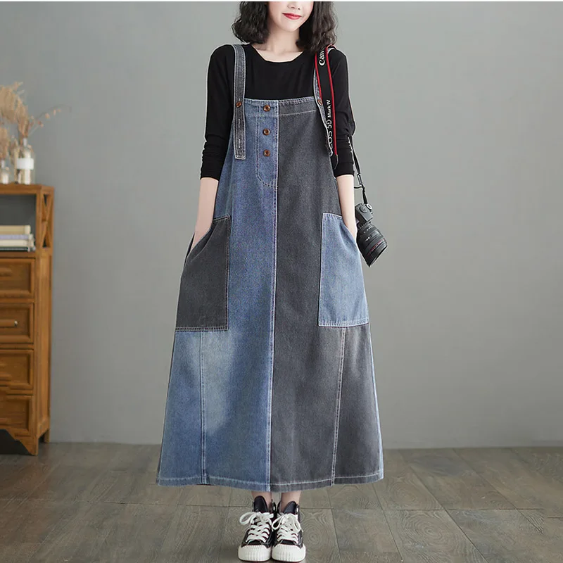 2022 Trendy Denim Overall Dress For Women Fashion Stitching Suspender A Line Dress Midi Loose Korean Strap Jeans Clothes M2090