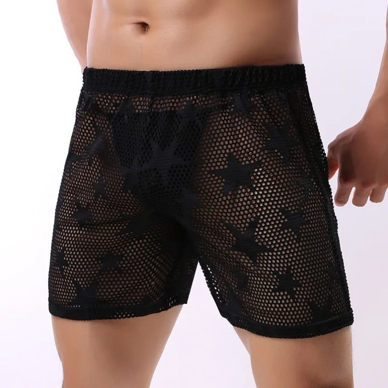 Mens Sleep Bottomsตาข่ายBreathableโปร่งใสชุดนอนสบายๆกางเกงหลวมHomewear Calzoncillos Hombreนักมวยกางเกงขาสั้นสวมใส่