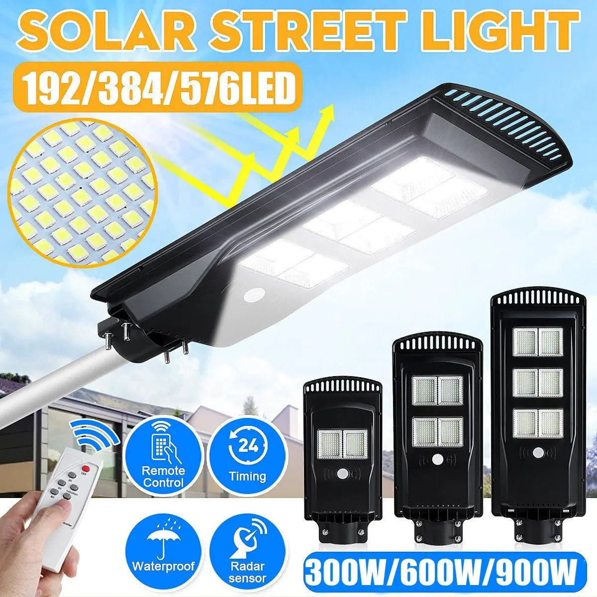 300W 600W 900W LED Solar Street Light PIR Motion Sensor Wtaerproof IP65 Black LED Remote Control Outdoor Garden Wall Lamp