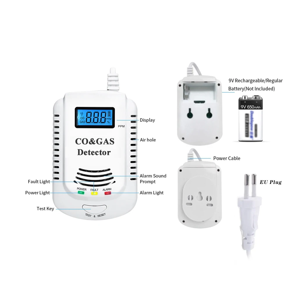 Detector de Gas 2 en 1, alarma de Gas Natural/metano/propano/CO, Sensor de fugas con Promp de voz y pantalla LED