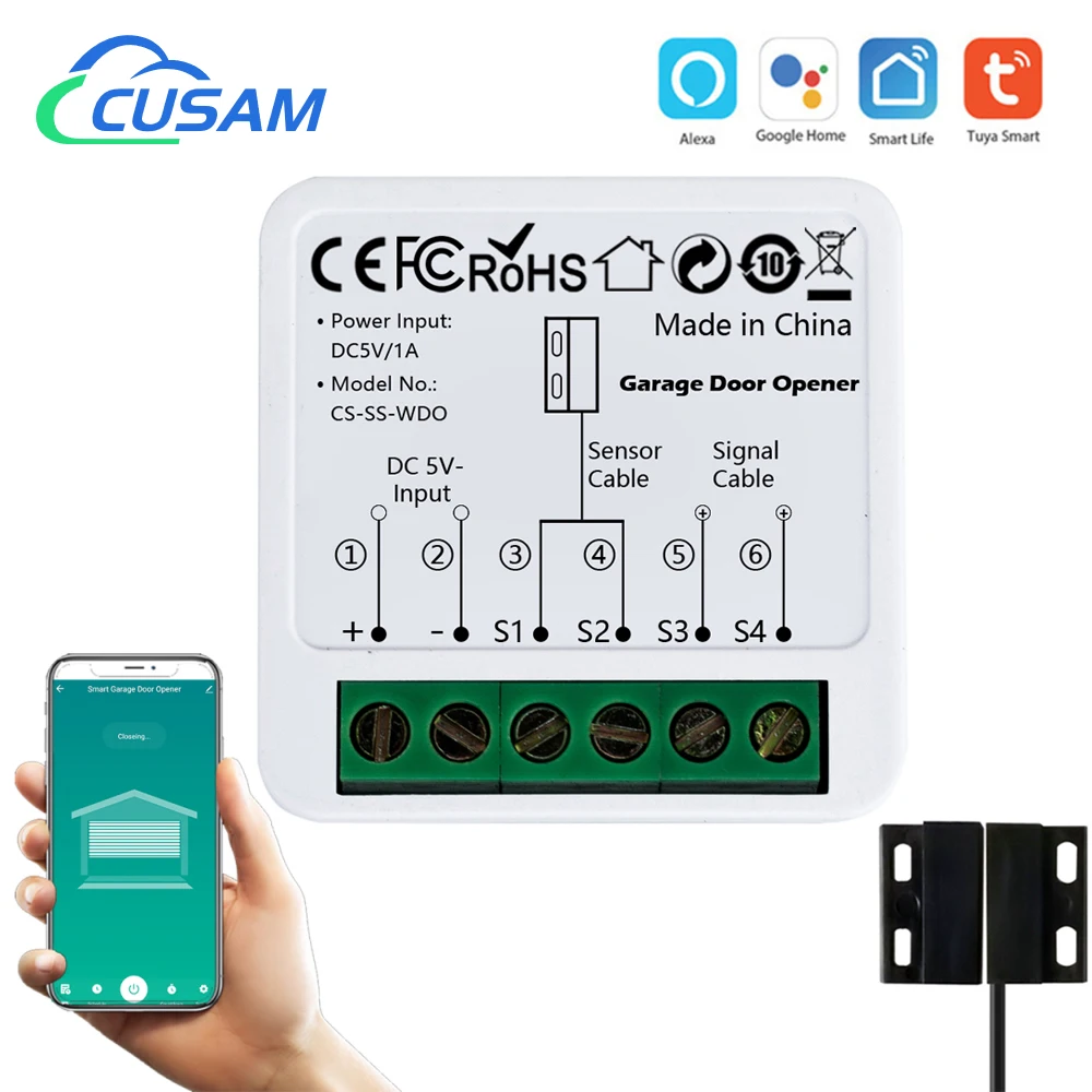 CUSAM WiFi Smart Garage Door Opener Controller Tuya App Switch Automation Module Works with Alexa Google Home Siri