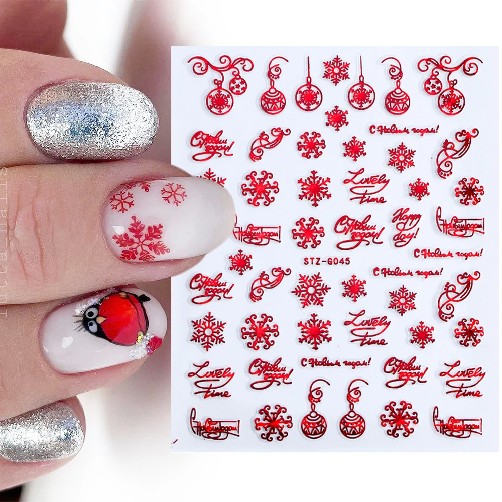 3D Red New Year Nail Stickers Christmas Decorations Snowflakes Letters Deer Stars Nail Silder Cartoon Decal DIY Manicure GLSTZ-G