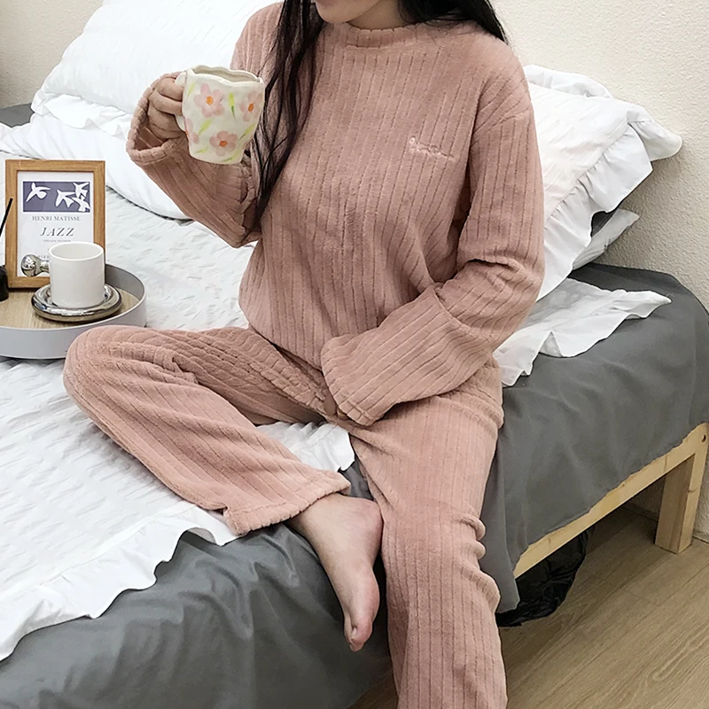 Conjuntos de pijama de lã coral feminino quente manga longa o pescoço pijamas casais simples inverno flanela pijamas engrossar 6 cores pijamas