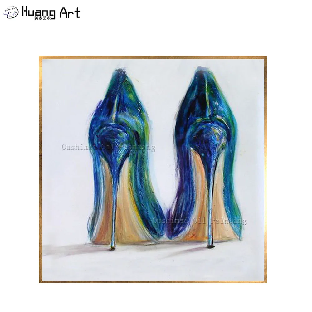 Professional Artist Handmade High Quality Modern High-Heeled Royalblue Shoe Oil Painting On Canvas Modern Lady Shoe Oil Painting