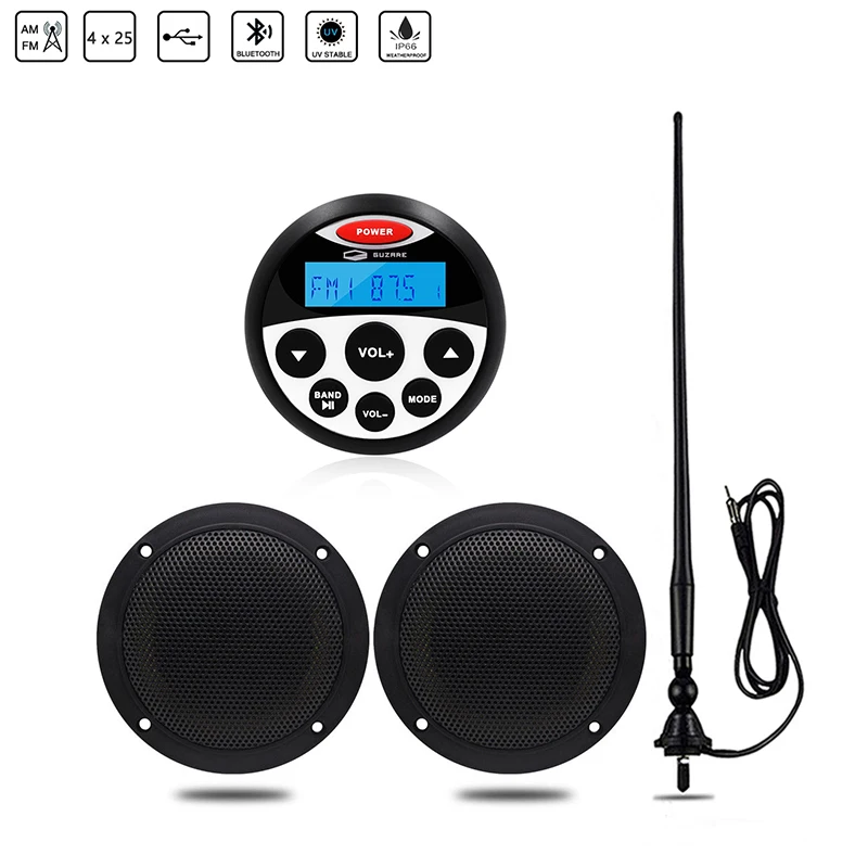 

Marine Stereo Bluetooth Radio Audio FM AM Receiver MP3 Player+4inch Waterproof Marine Speaker+Antenna For Yacht ATV RV Golf Cart