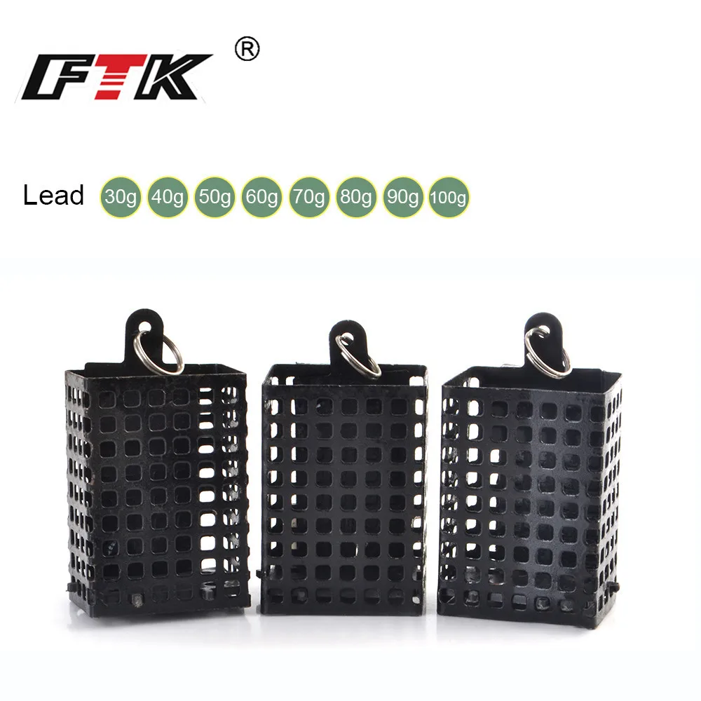 FTK 30-100g Feeder Square Metal Bait Cage Container Bait Basket Feeder Holder Wire Carp Fishing Sinker for Button Rigs