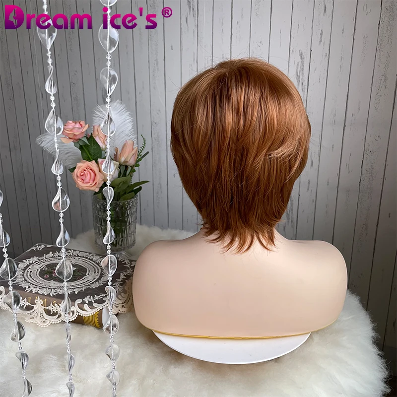 Brown Short Pixie Cut Straight Natural Wave Synthetic Wigs With Bangs For Women Fluffy Hair Heat Resistant Fiber Daily Wear Wigs