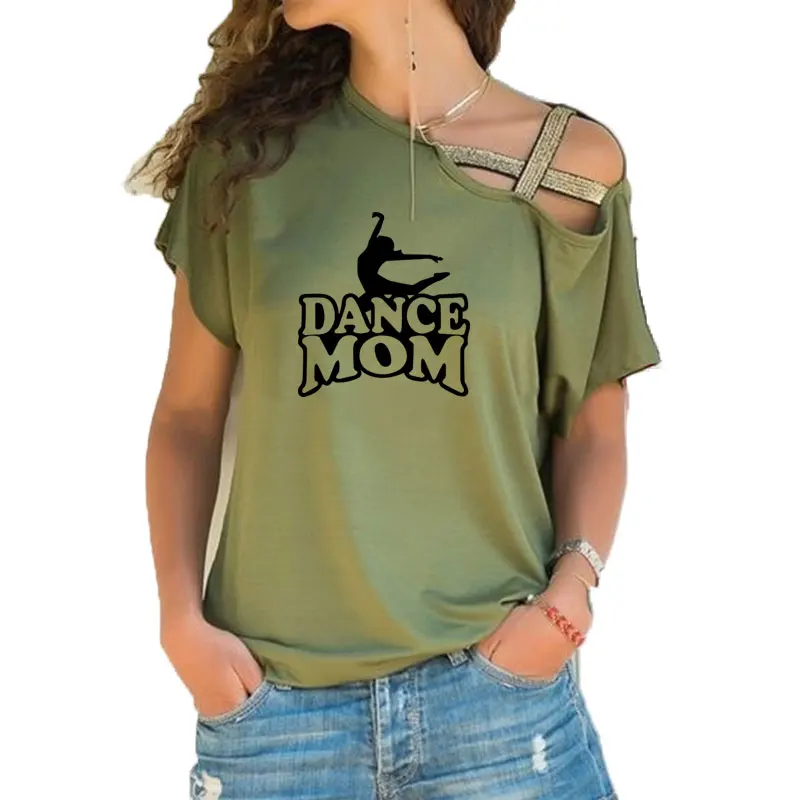 Women Dance Mom graphic t shirt Women\'s Short Sleeve fashion new tshirt Irregular Skew Cross Bandage tee tops
