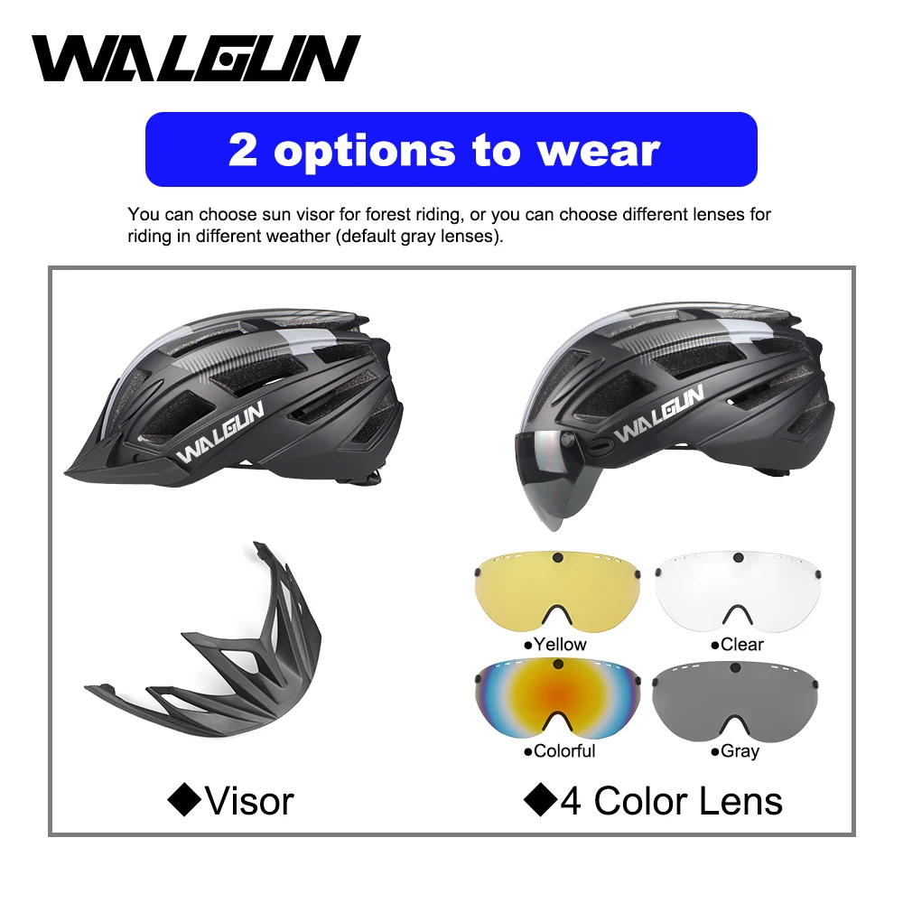 WALGUN MTB Mountain Bike Helmet L with LED Light Goggles Lens Sun Visor Road Bicycle Safety Cycling Helmets for Men Women Adult view 2