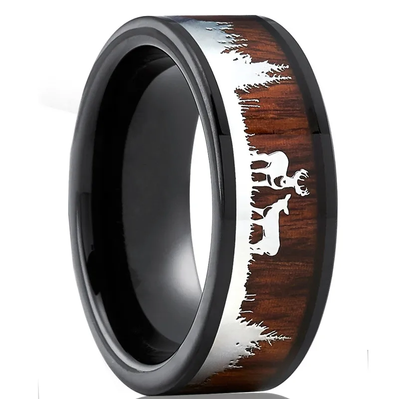 Fashion 8mm Men\'s Black Tungsten Wedding Band Hunting Rings Wood Inlay Deer Stag Silhouette Engagement Ring Men’s Wedding Band