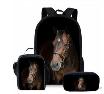 Mochila Escolar con diseño de caballos salvajes para niños, morral ortopédico para estudiantes de primaria, 3 unids/set por juego