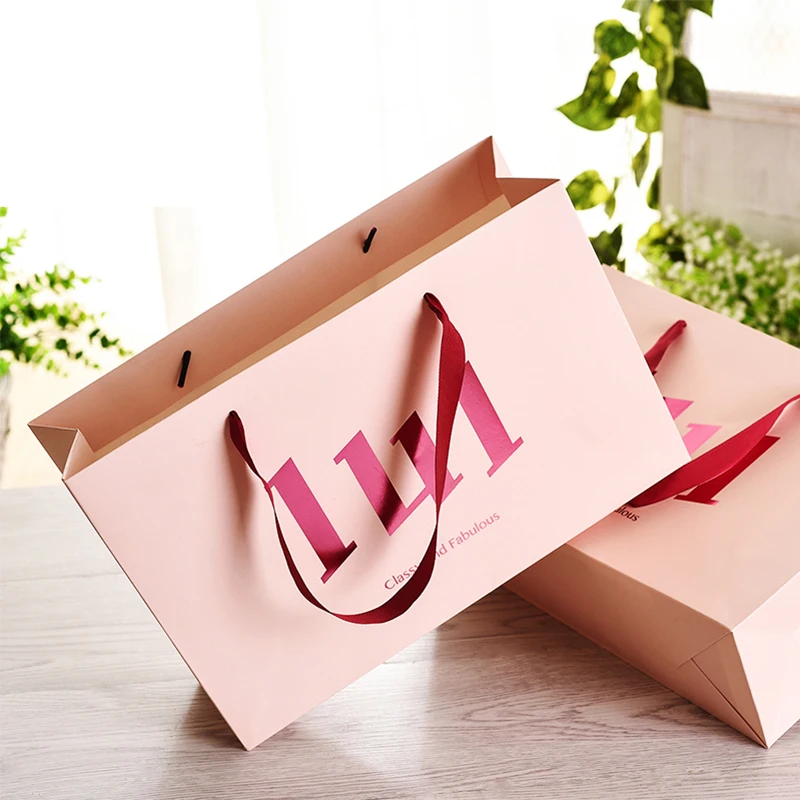 Venta al por mayor, 500 unids/lote, bolsas de compras de papel de lujo de alta gama con mango de cinta, personaliza tu propio logotipo impreso para joyería de mujer