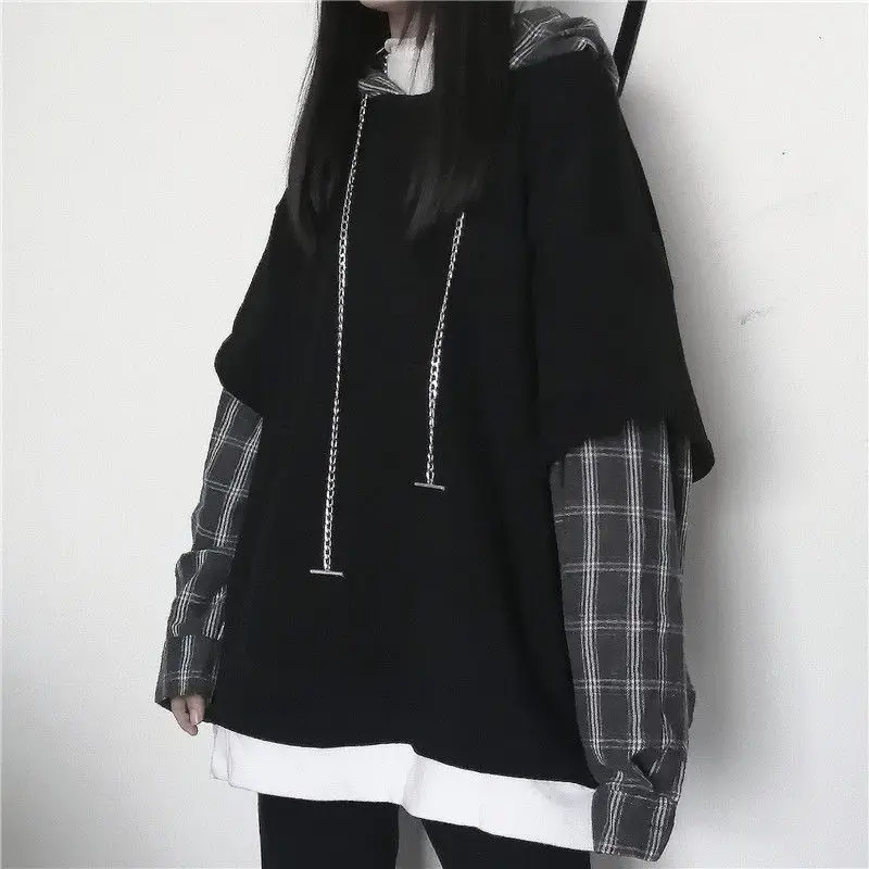 Imagem -05 - Camisola de Manga Xadrez Feminina Estilo Gótico Preto Hoodie Retalhos Grunge Manga Longa Xadrez Pullovers Coreano 2023 Moda