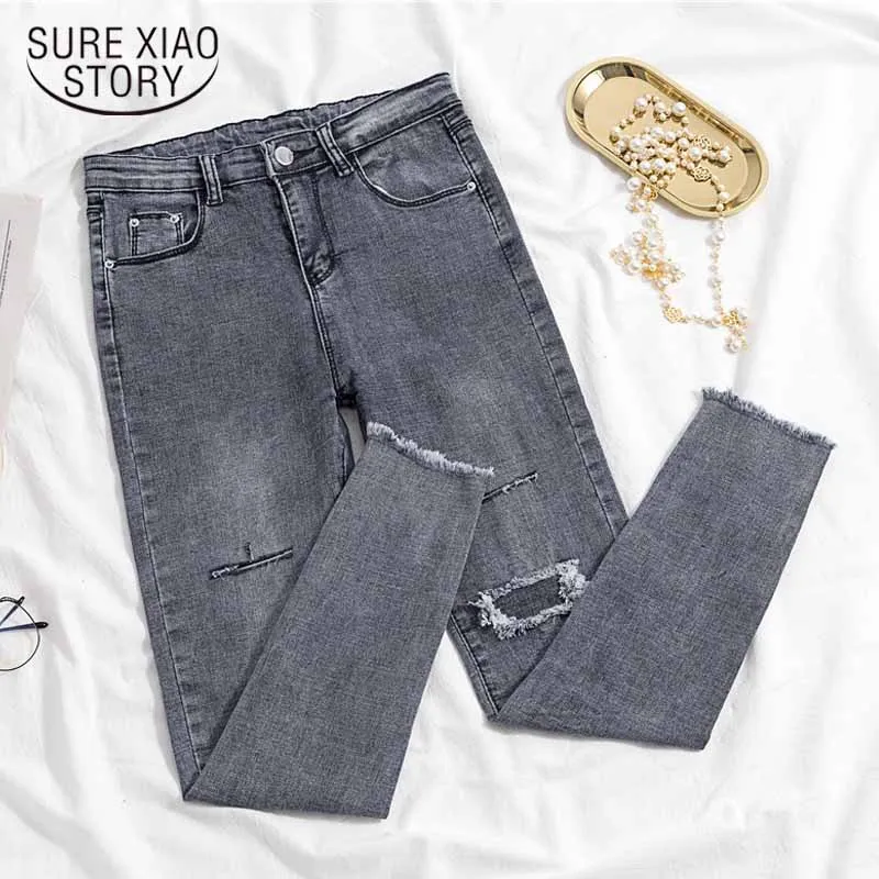 

High Waist Denim Jeans Korean Fashion 2021 Gray Denim Elastic Trousers for Ladies Hole Button Women Pencil Pants Pantalon 11721