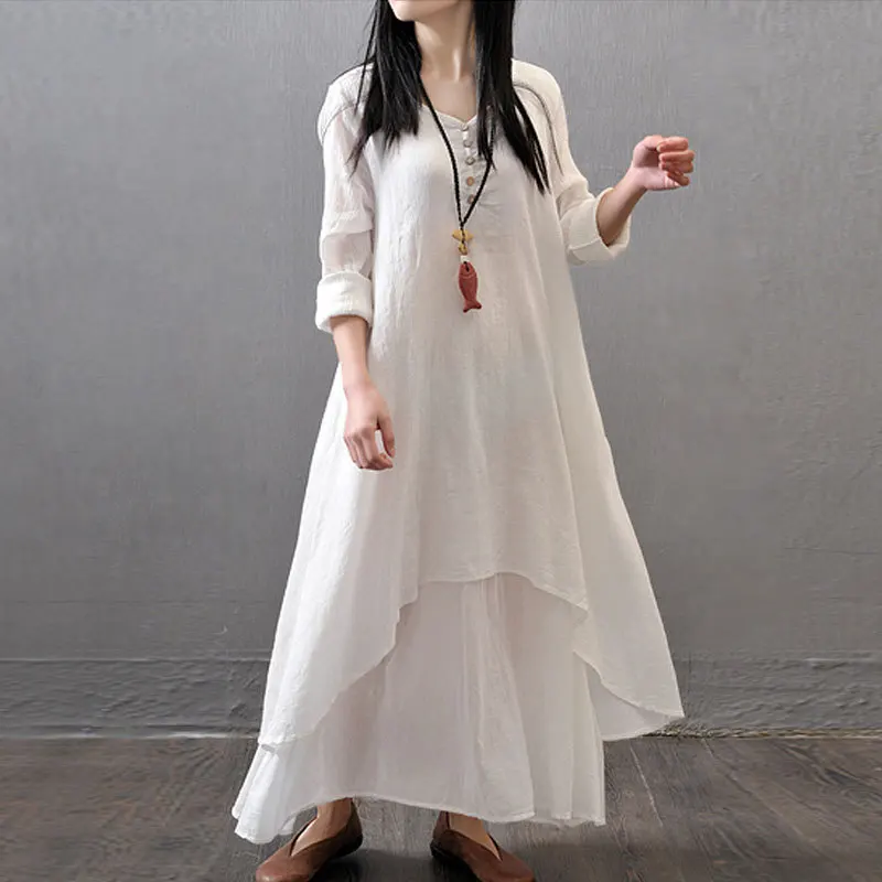 

Literary Linen Dress Clothes for Pregnant Women Loose Long-sleeved Maternity Dresses Fake Two-piece Pregnancy Dress