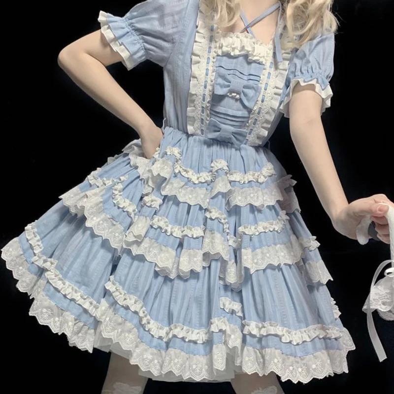 Japanese Sweet Lolita Dress Vintage Lace Bowknot Cross Straps  High Waist Fairy Victorian Dress Kawaii Girl Lolita Op Loli Cosp