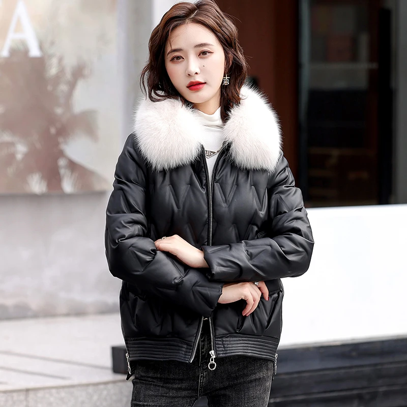 

New Women Short Leather Down Coat Autumn Winter Fashion Warm Fox Fur Collar V-shaped Embossing Loose Sheepskin Down Jacket