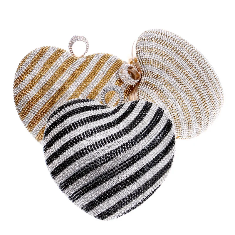 GLOIG heart design women evening clutch small beaded rhinestones finger ring metal evening bags tassel diamonds party handbags