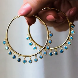 Huitan New Trendy Tassel Circle Earring Hoops Women Goth Hiphop Party Personality Earring Mosaic Light BU CZ Exaggerated Earring