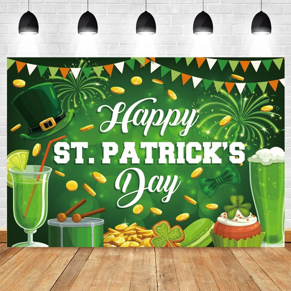 

St. Patrick's Day Backdrop Green Lucky Shamrock Gold Coins Photography Background Kids Party Decor Banner Portrait Photo Booth