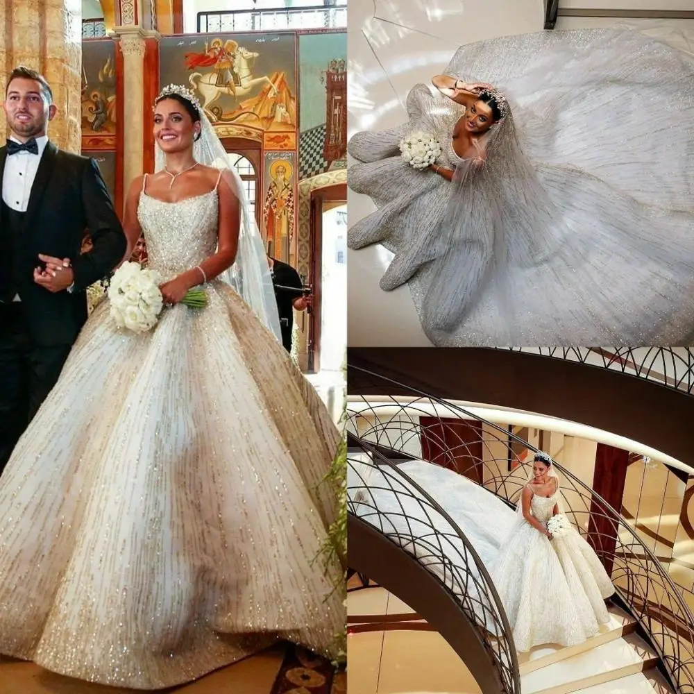 Vestidos de novia de lujo de la Catedral, talla grande, tirantes finos, vestidos de novia árabes con lentejuelas, hechos a medida, con cuentas pesadas, 2021