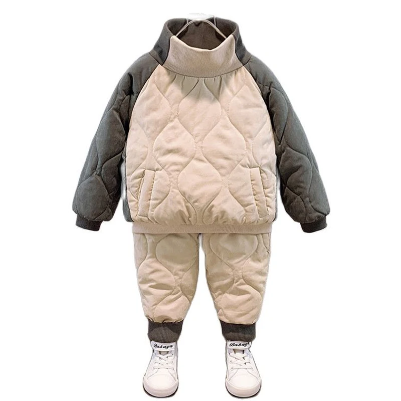 Children Set Winter Plush Thickened Cotton 1-7Y 2023 New Splicing High Collar Pullover+Pant Boys Girls Warm Suits Kids Clothes