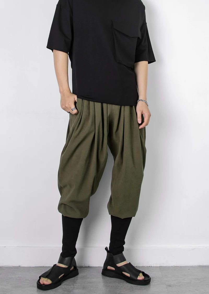 Four Seasons Minimalist Japanese Dark Black Mountain Style Pants Rib Bag Calf Loose Harem Pants Men