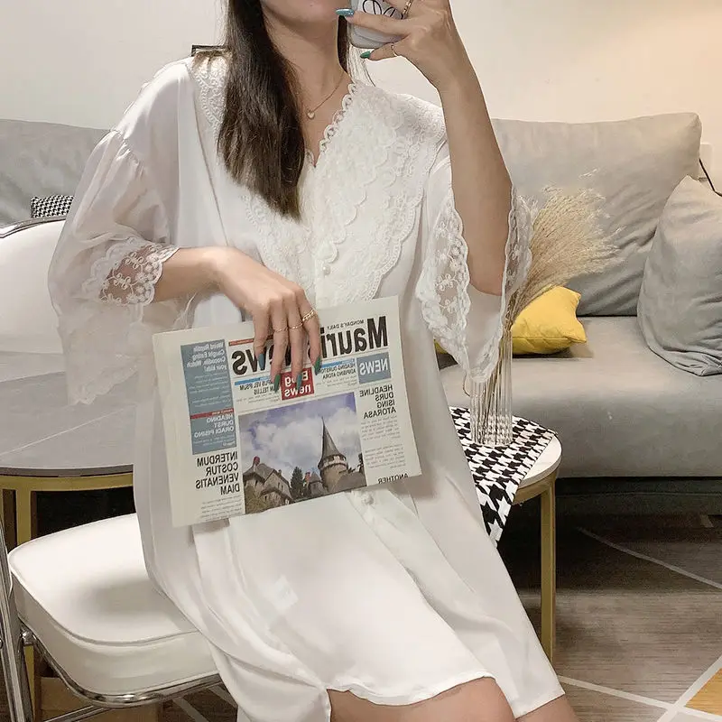 Nightgowns Women Summer White Lace V-neck Mini Elegant Sexy Cozy Thin French Style Romantic Homewear Sleepwear Female Temptation