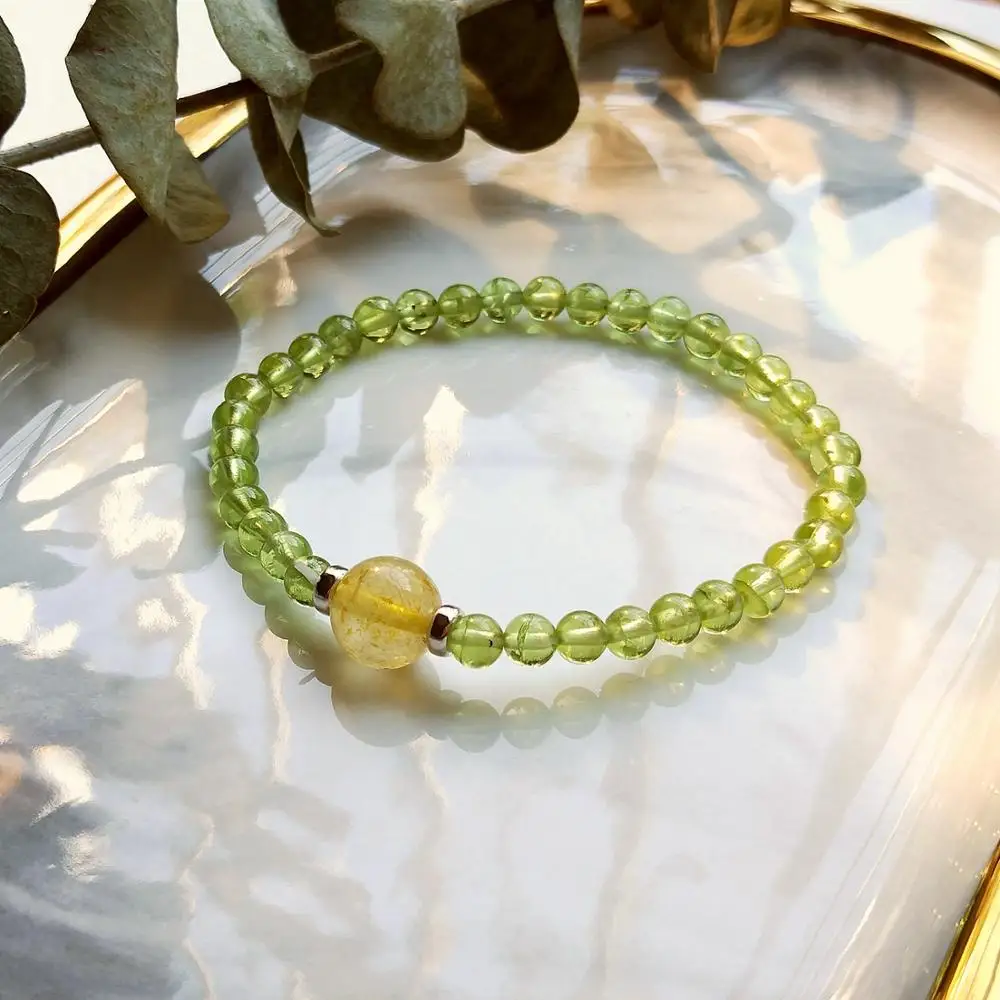 

Lii Ji Natural Peridot Golden Rutilated Quartz Bracelet 925 Sterling Silver Beaded Bracelet Healing Power Jewelry