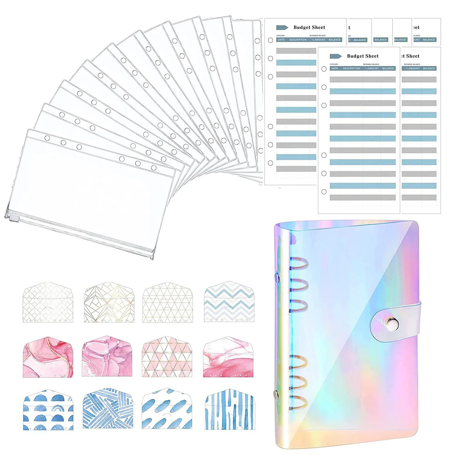 A6 Rainbow Binder Budget Cash Envelope Organizer, with 12 Pack Binder Envelopes Pockets ,Expense Budget Sheets & Label Stickers